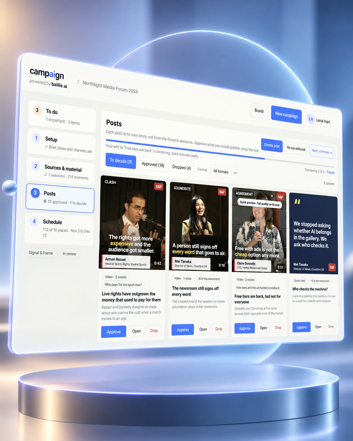 Campaign's posts dashboard: video and quote posts cut from a media forum's sessions, each waiting to be approved or dropped