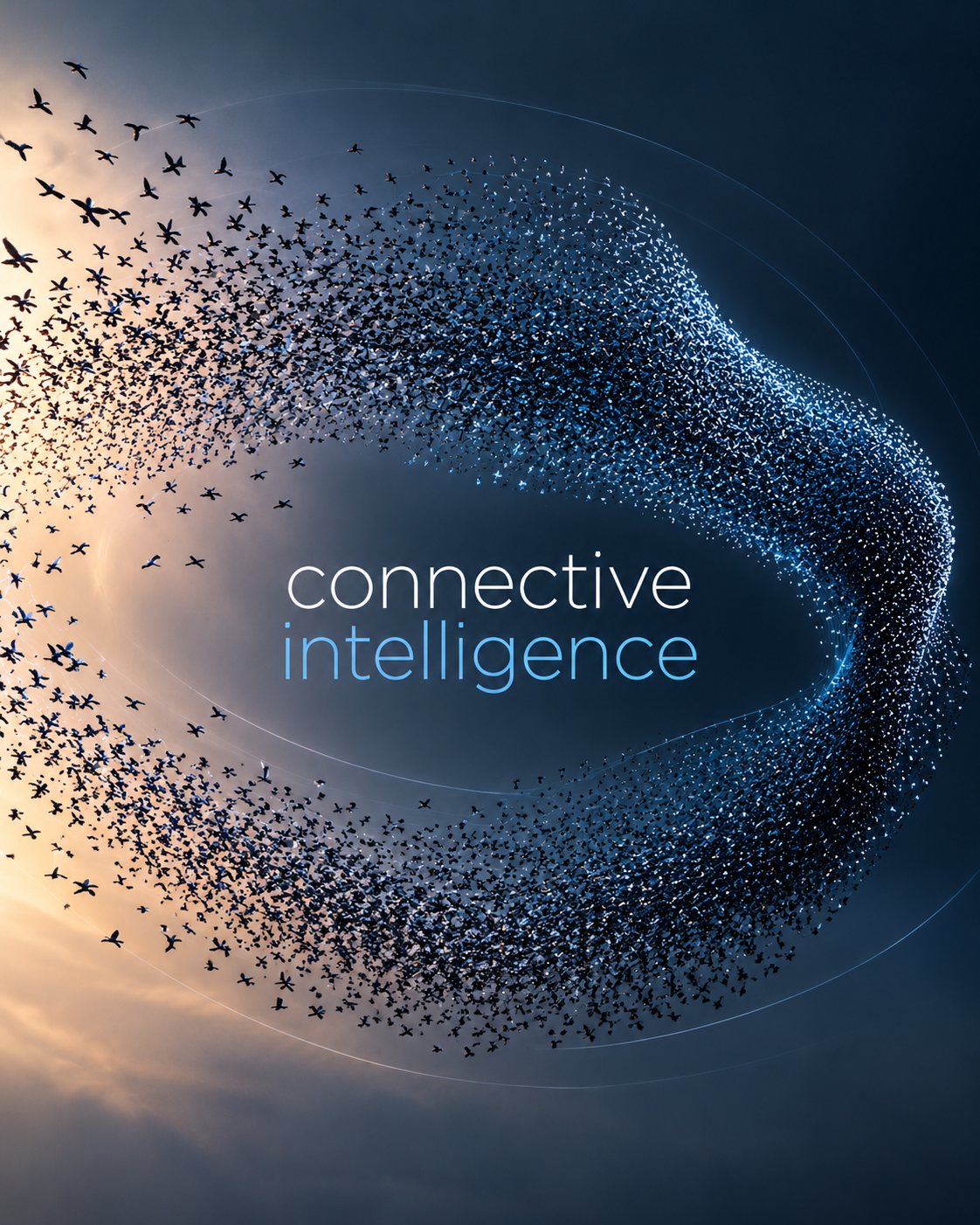A murmuration of birds turning into a single flowing shape of points of light around the words connective intelligence
